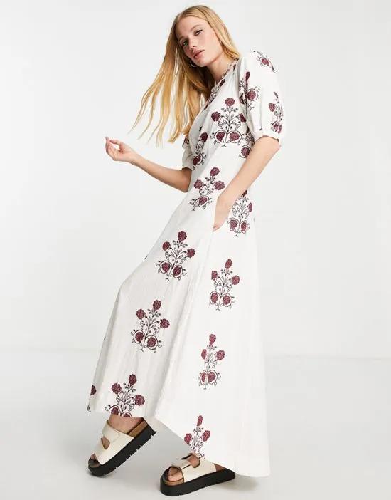 cactus flower embroidered midi dress in ivory