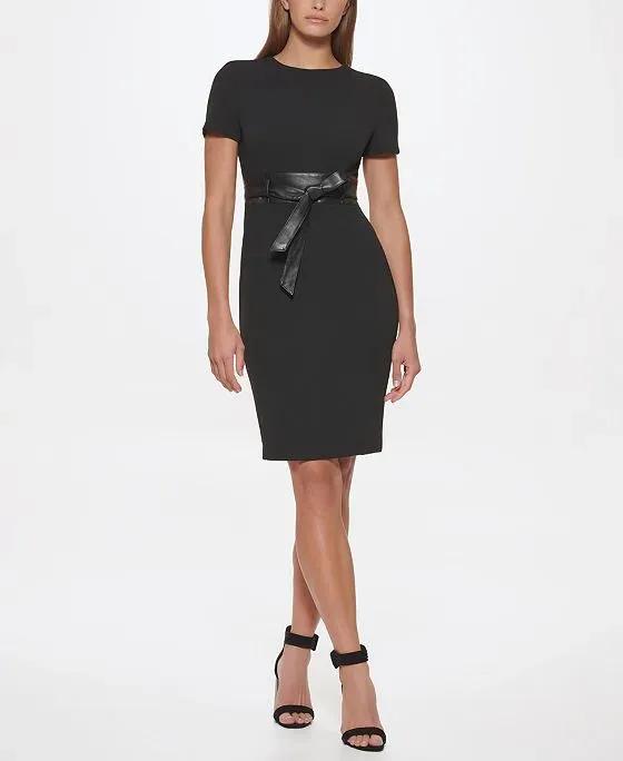Calvin Klein Solid Faux-Leather Tie-Waist Sheath Dress