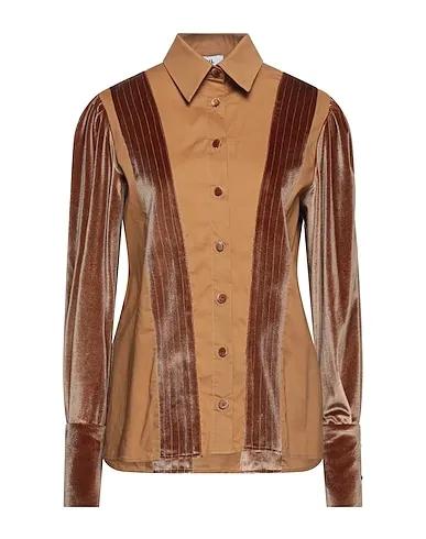 Camel Plain weave Patterned shirts & blouses
