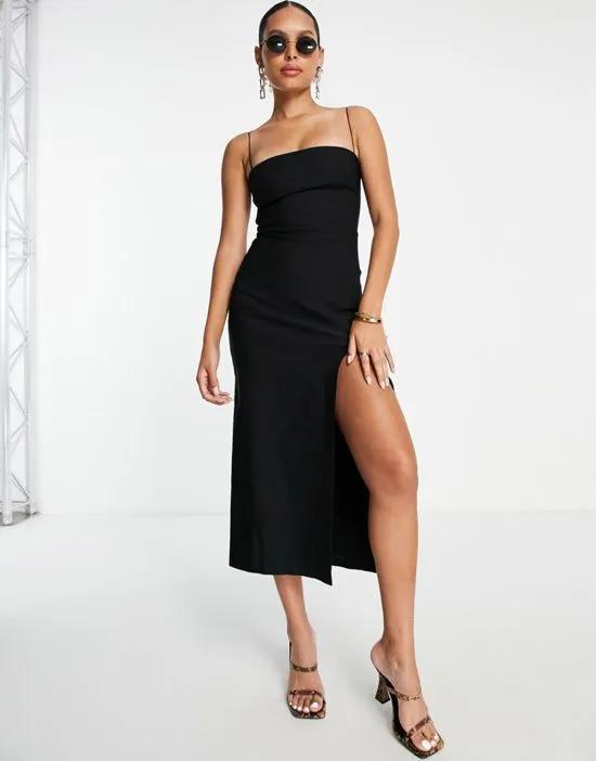 cami bandeau midi dress with thigh spilt in black
