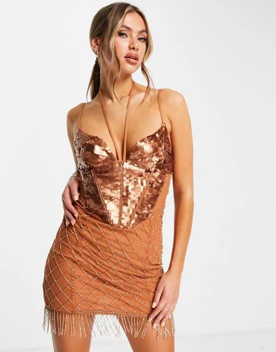 cami embellished mini dress with fringing in bronze