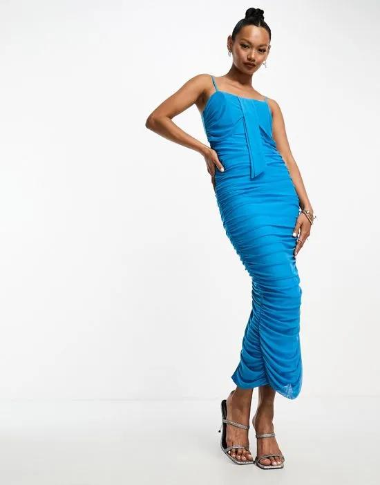 cami front tie ruched mesh midi dress in blue