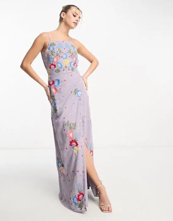 cami maxi dress with wrap skirt and cowl back in lilac