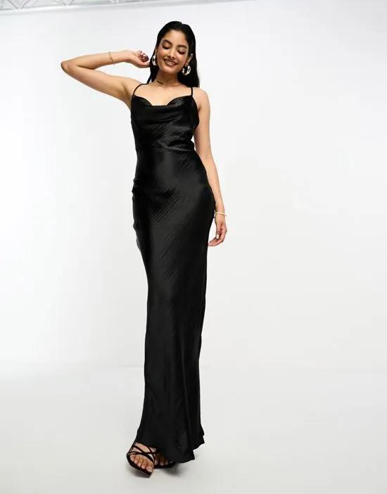 cami maxi slip dress in high shine satin with lace up back