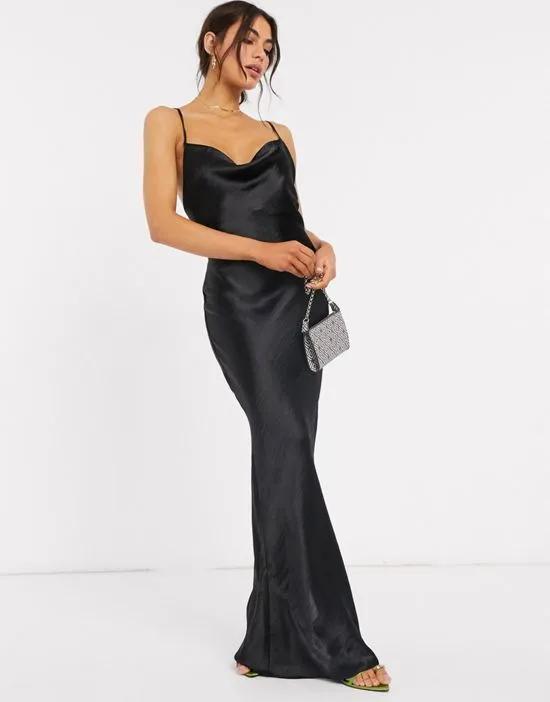cami maxi slip dress in high shine satin with lace up back in black