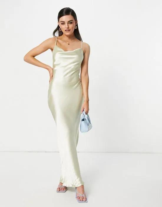 cami maxi slip dress in high shine satin with lace up back in oyster