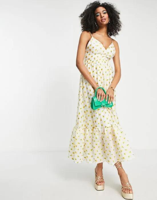 cami midi dress in embroidered yellow ditsy floral