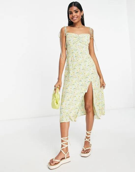 cami midi dress with front split in yellow print
