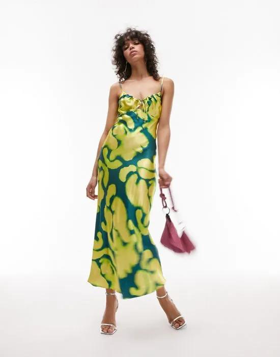 cami midi slip dress in green and yellow print