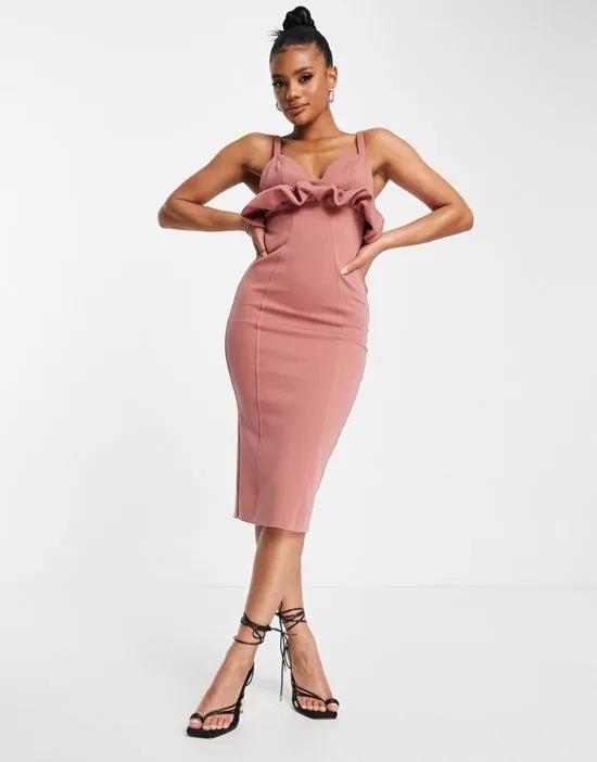 cami pencil midi dress with bubble waist in dusky pink