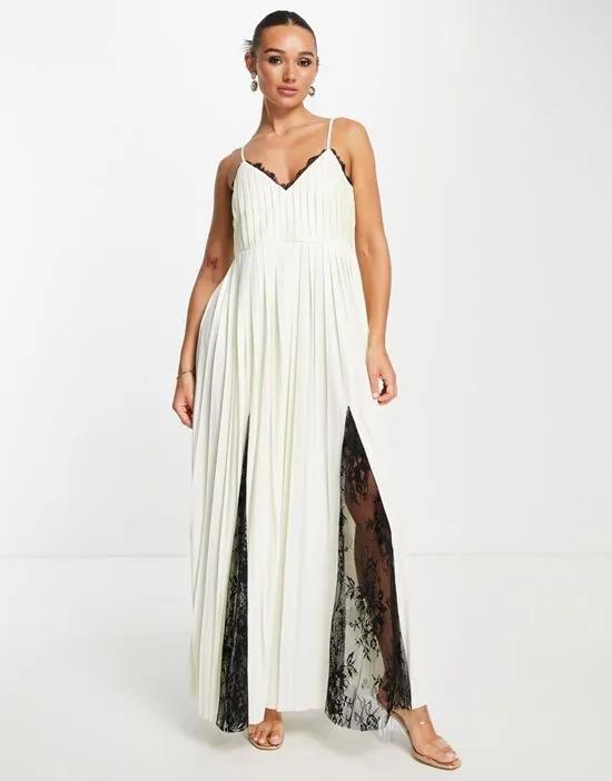 cami pleated maxi dress with lace inserts in cream