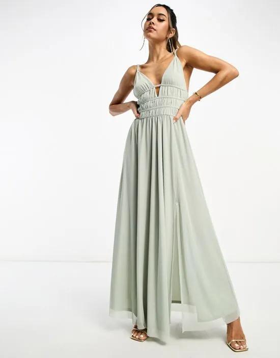 cami ruched lace up back maxi dress in sage green