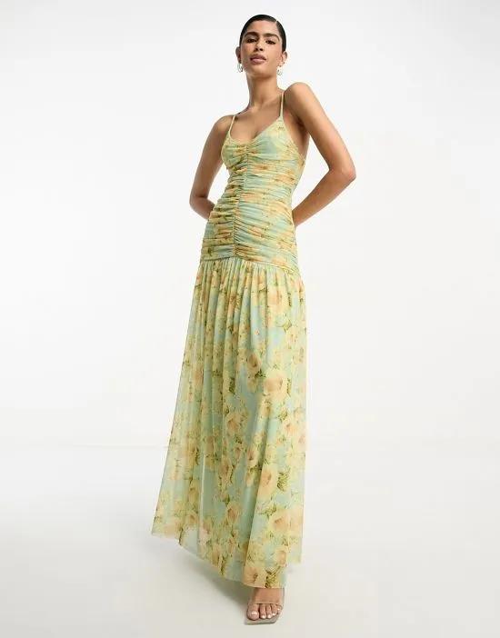 cami ruched pleated maxi dress in floral print