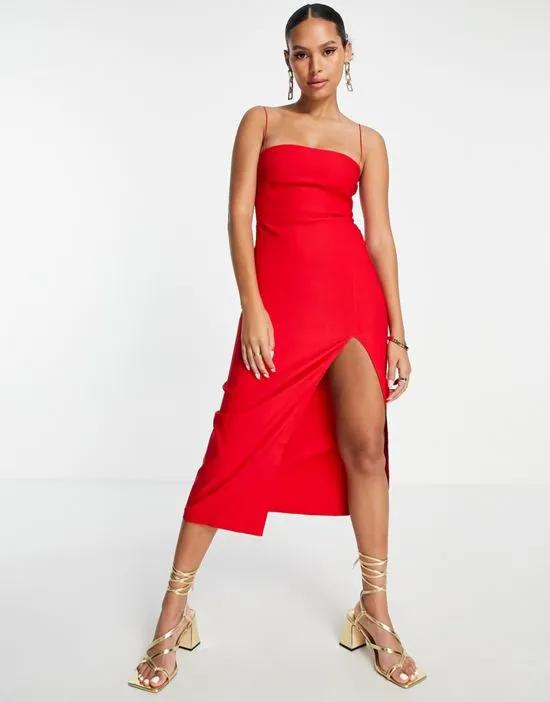 cami strap midi dress with thigh slit in red