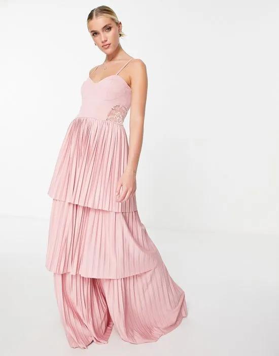 Cami tiered pleated maxi dress with lace detail in Blush Pink
