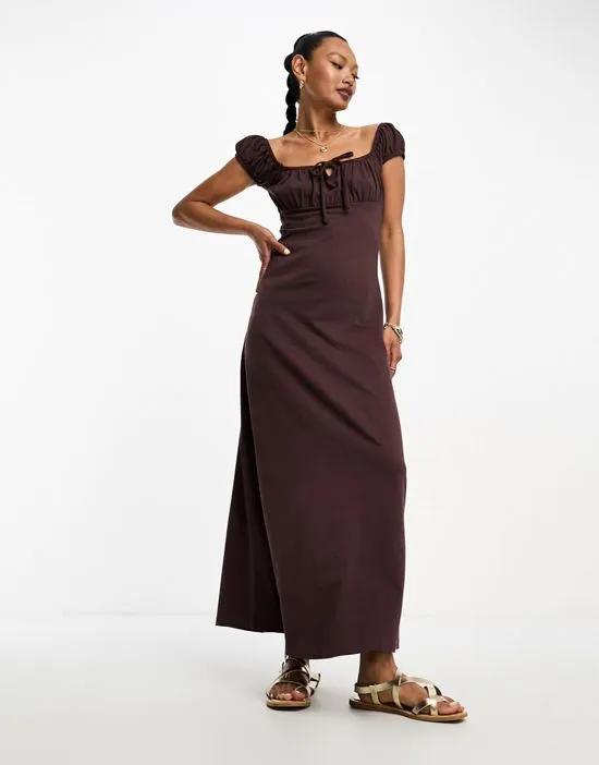 cap sleeve ruched midi dress with tie detail in chocolate