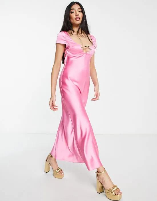 cap sleeve satin maxi dress with buckle detail in pink