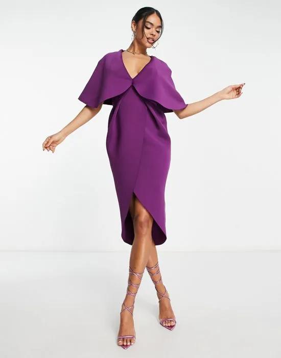 cape detail pleated wrap midi dress in berry