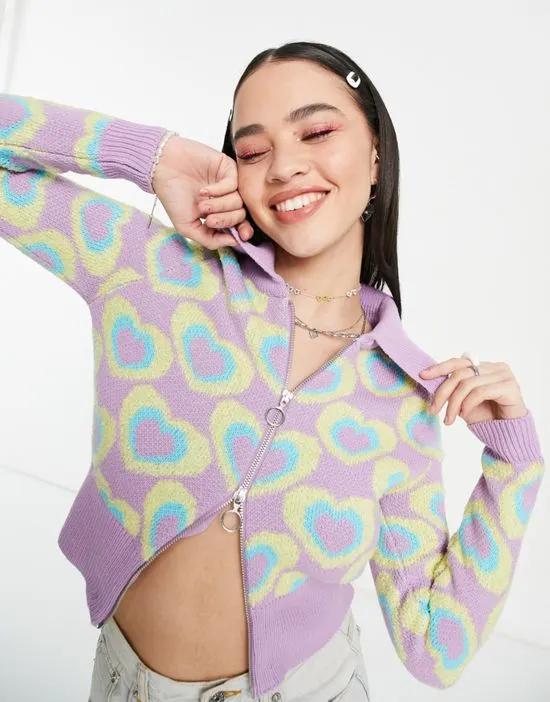 cardigan with collar in heart pattern