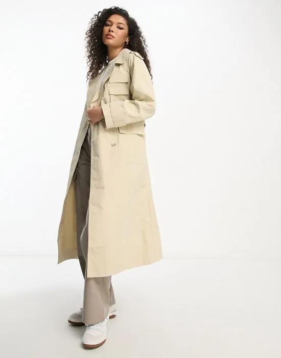 cargo pocket trench coat in stone