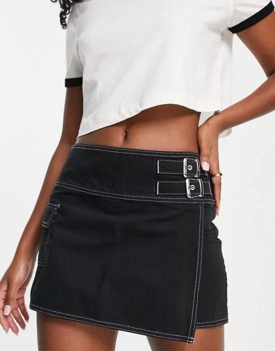 casual wrap skirt with buckles in washed black