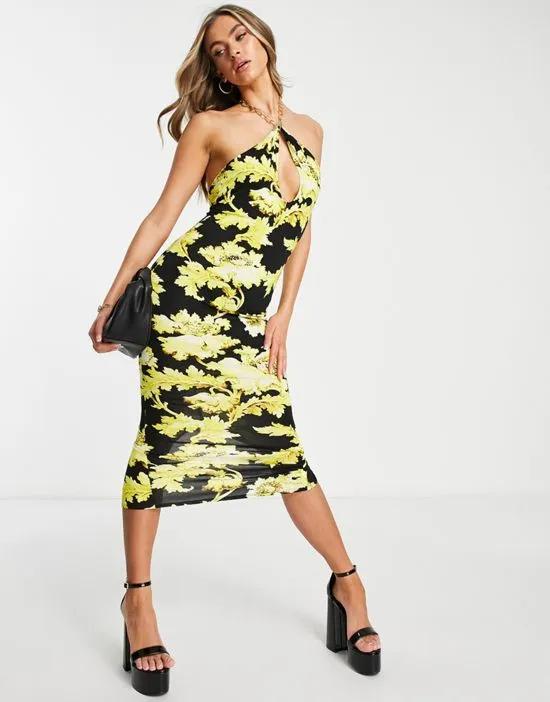 chain halter midi dress in black and gold floral print