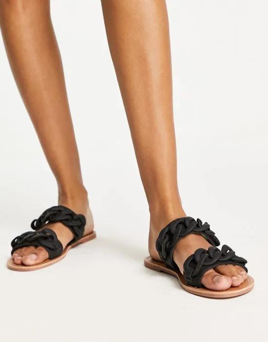 chain trim double band sandals in black
