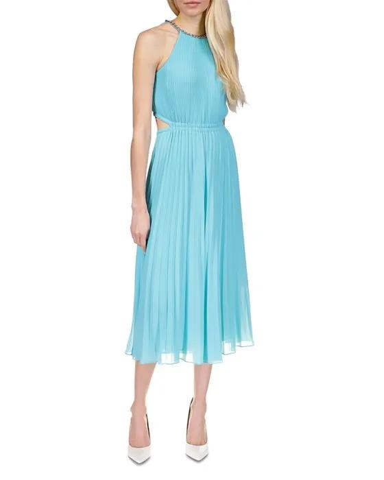 Chain Trim Pleated Cutout Dress