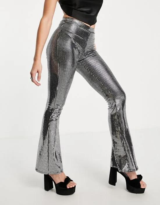 chainmail sequin slim flare pants in silver