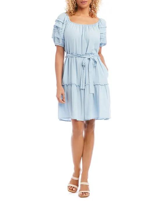 Chambray Puff Sleeve Tiered Dress