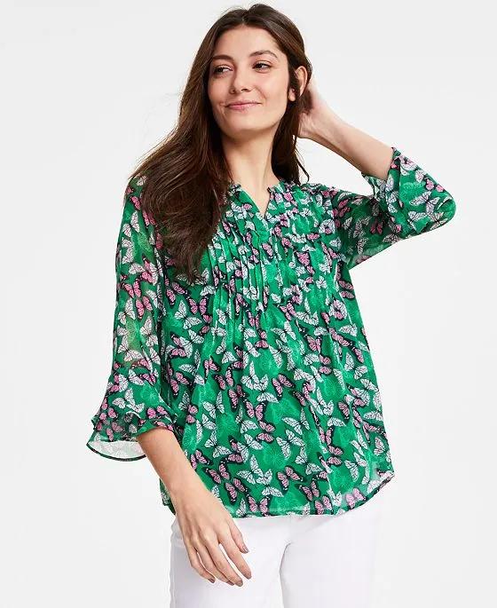 Charter Club Women's Butterfly-Print Pintuck Top, Created for Macy's