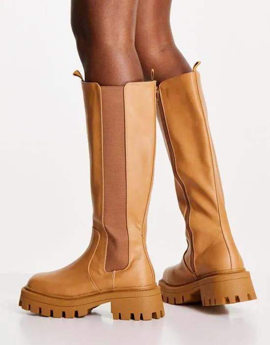 Chestnut square toe chunky knee boots in camel