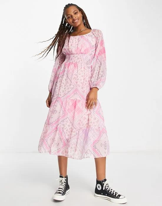 chiffon shirred waist midi dress in pink patchwork