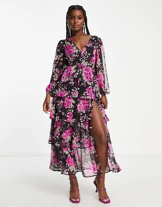 chiffon tiered maxi dress in pink animal floral