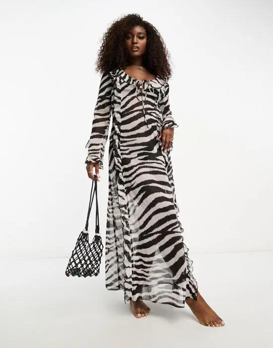 chiffon zebra long sleeve side slit maxi beach dress