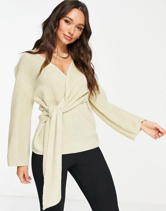 chunky stitch tie-wrap cardigan in oatmeal beige - part of a set
