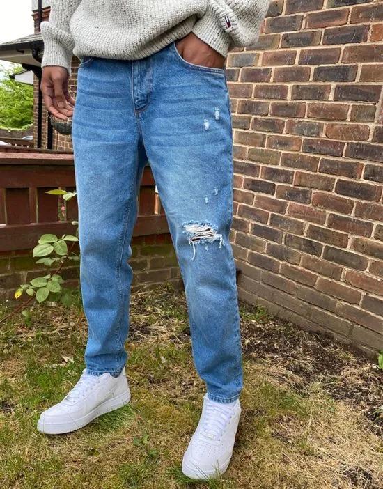 classic rigid jeans in mid wash blue with rips