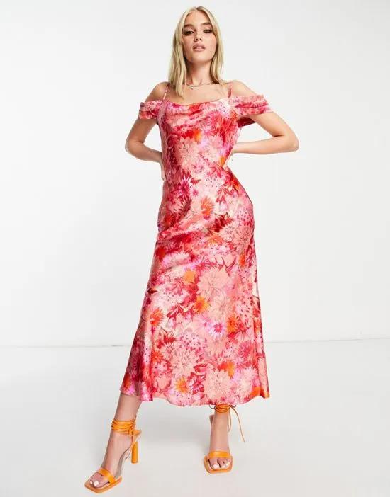 cold shoulder satin midi dress in red and pink floral