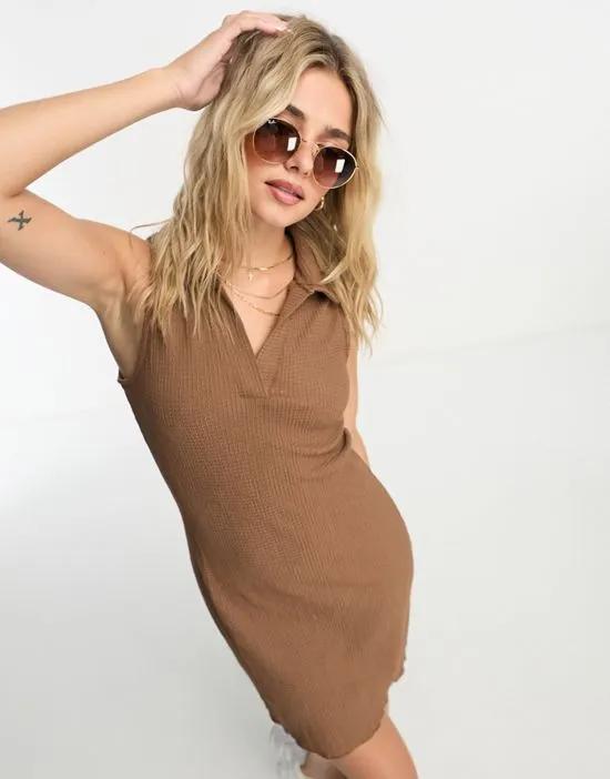 collar ribbed mini dress in brown