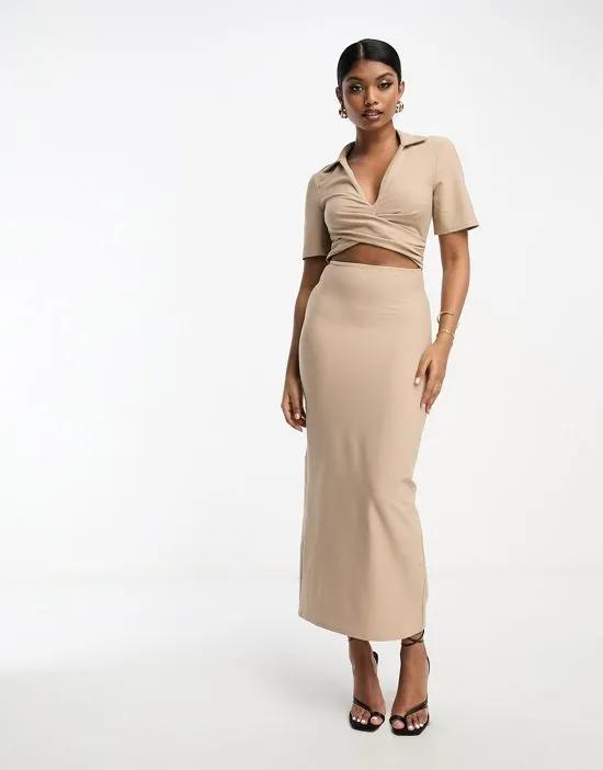 collar twist front midi dress with cut out in sand