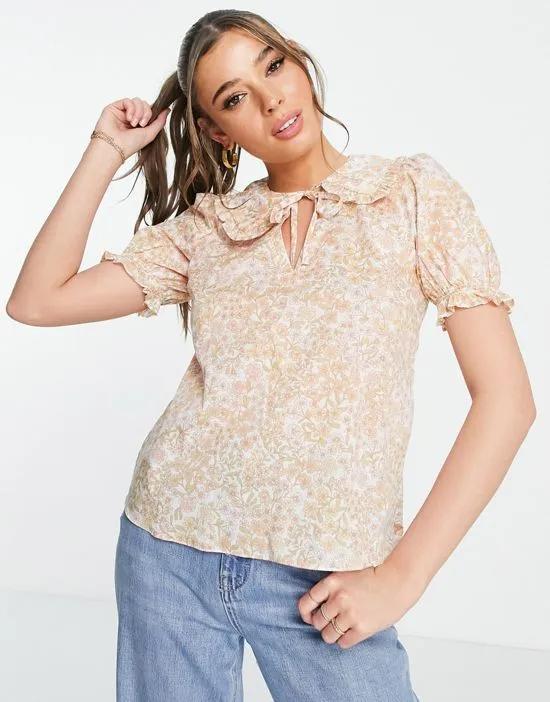 collared blouse in orange retro floral