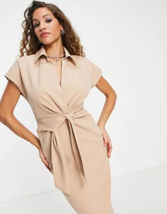 collared wrap front midi dress with knot in stone