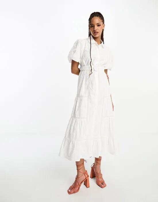 Collective Jessie belted broderie midi dress in porcelain