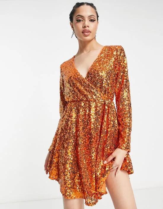 Collective the Label exclusive sequin wrap mini dress in orange