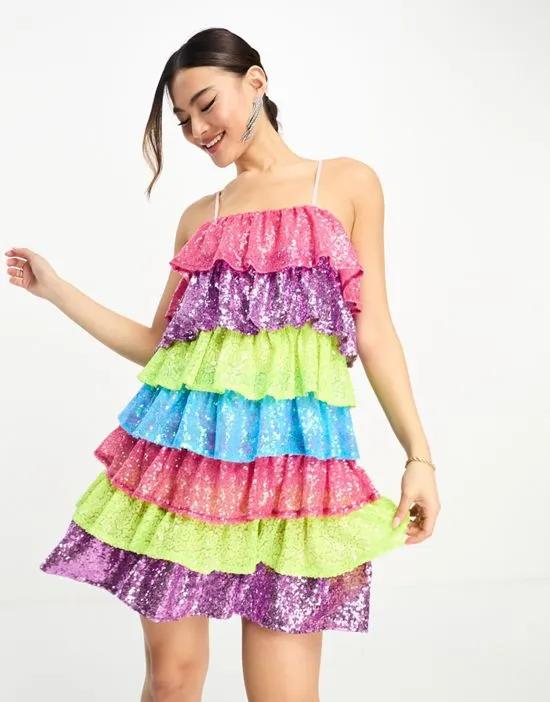 Collective the Label exclusive tiered mini dress in rainbow sequin