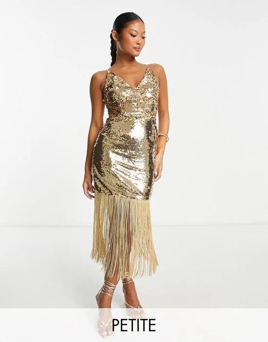 Collective the Label Petite exclusive cut-out sequin fringe dress in gold