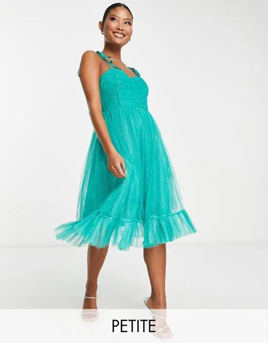 Collective the Label Petite exclusive tie shoulder ruched midi dress in emerald glitter