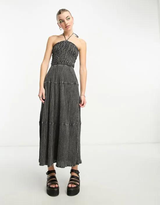 COLLUSION halterneck shirred textured maxi dress in washed gray