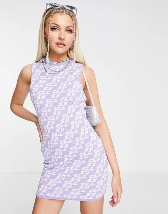 COLLUSION knit mini dress with text print in lilac and white