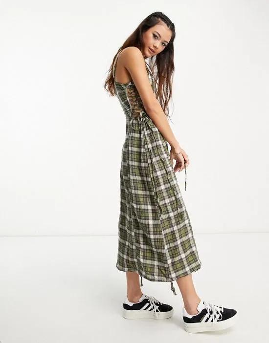 COLLUSION plaid ruched detail midi dress in multi